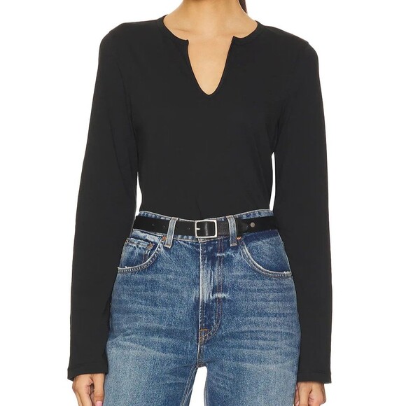 Nation Los Angeles Lian Shirt Small Black Pima Cotton Long Sleeve Notch V Neck - Picture 1 of 9